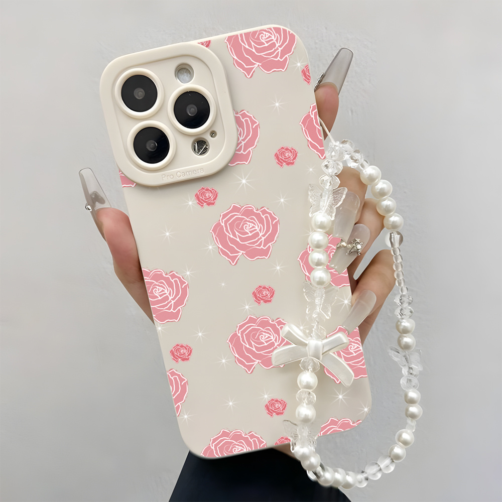Wrist Wraps - ピンクローズINSリストストラップ付きスマホケース iPhone 17 16 15 14