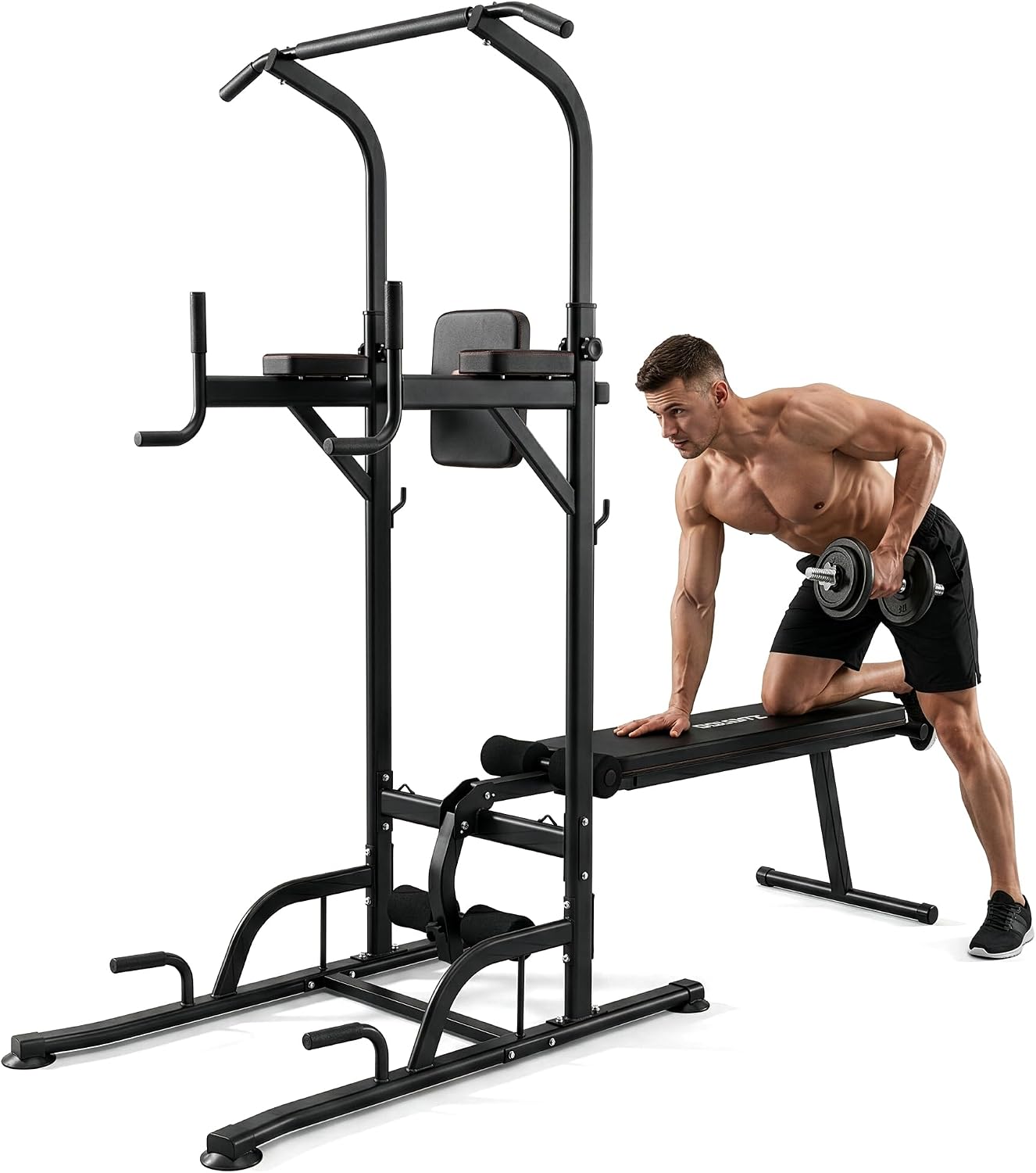 Pull Up Bar - 家庭用ジムでのトレーニングやベンチプレスに最適な、一体型のパワータワー・プルアップ・ディップステーション。チンアップバーと折りたたみ式ベンチが付属。